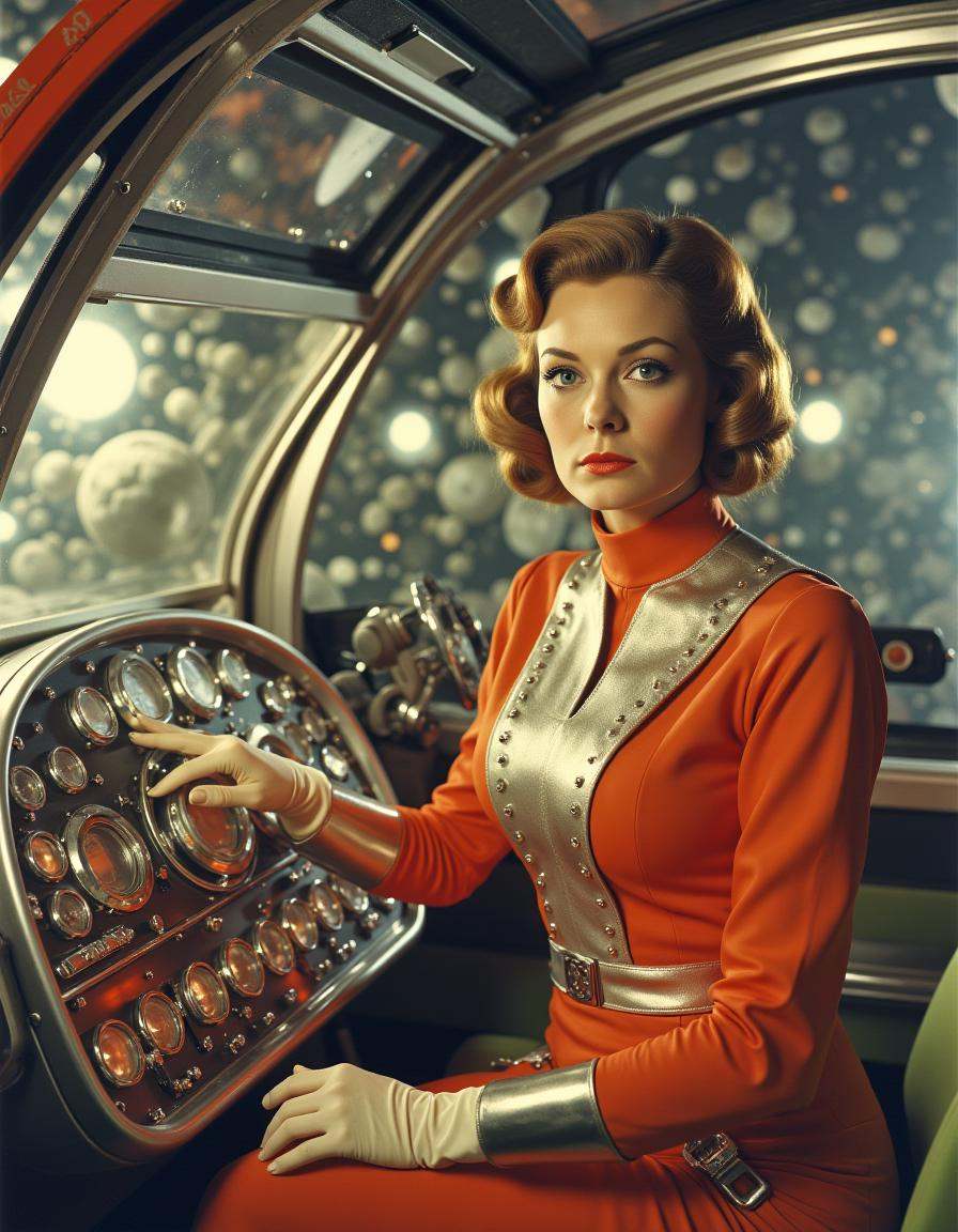 Vintage Sci-fi . Wearing a futuristic yet retro uniform,  a woman confidently steers her gleaming chrome spacecraft throug...