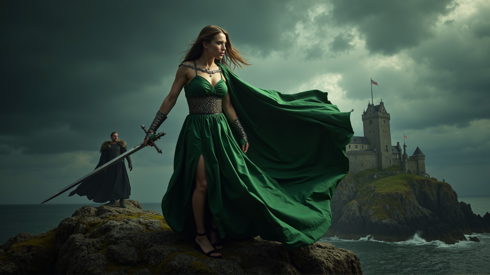 A dramatic medieval scene featuring a majestic castle in the background with dark,  stormy clouds looming overhead. In the...