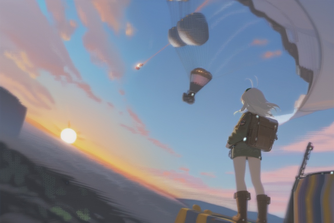 masterpiece,best quality,illustration,ultra detailed,hdr,Depth of field,(colorful),artist:tianliang duohe fangdongye,bright outline,1girl, solo, bomber jacket, pilot coat, goggles on the head, white long hair, Green eyes , four-leaf clover, wind-blown clothes, leather boots, leather material, bare legs, brown backpack, walkie-talkie, antenna, scout, exploration, signal transmitter, sunset, setting sun, Tyndall light, horizon, ultimate color, melancholy expression, the girl looks into the distance, parachute, cumulonimbus, clouds, aerial view, distant view, airship, hyperdetail, nature landscape, clouds,   <lora:CozyBackgrounds:0.55>