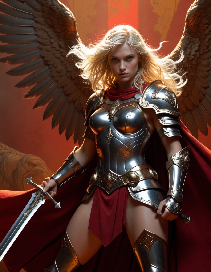 epic fantasy portrait of an armored valkyrie wielding a sword. golden wings,  blonde hair,  stoic expression on Tensor.Art