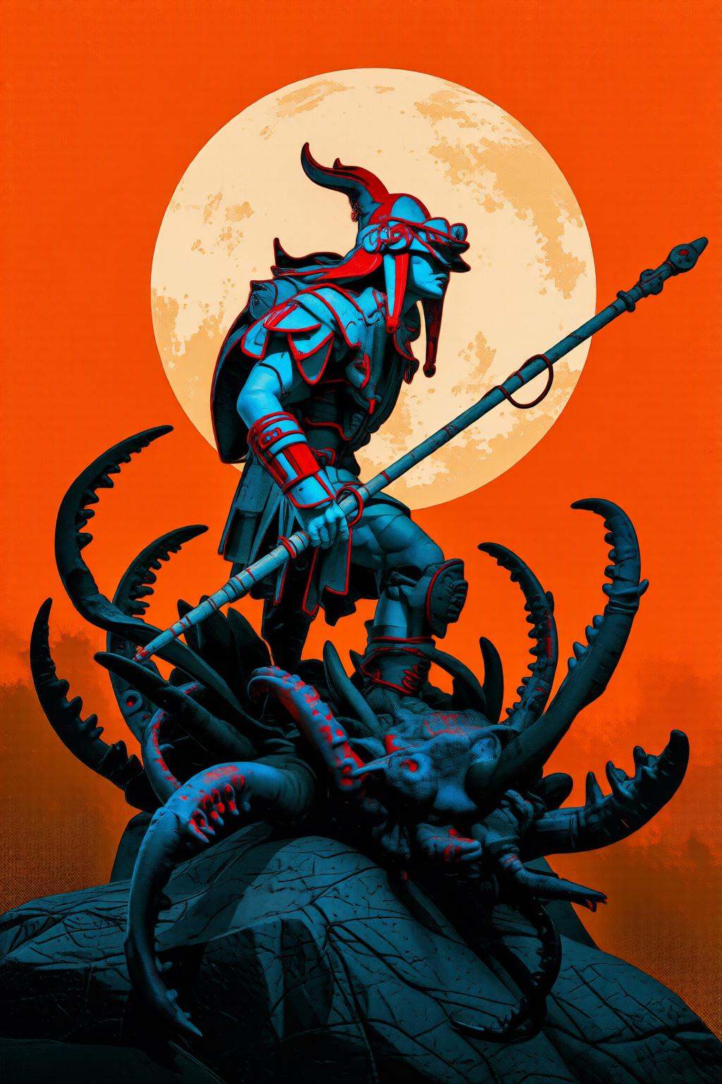 pascalblanche2q illustration.A scene with a large orange moon in the background. A warrior,  shown in side profile,  in in...