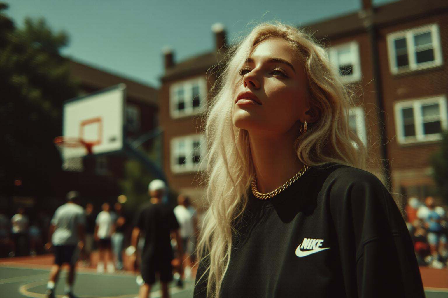 midjourneymix10q photograph.On the right stands a woman with long,  wavy blonde hair who wears a black Nike sweatshirt wit...