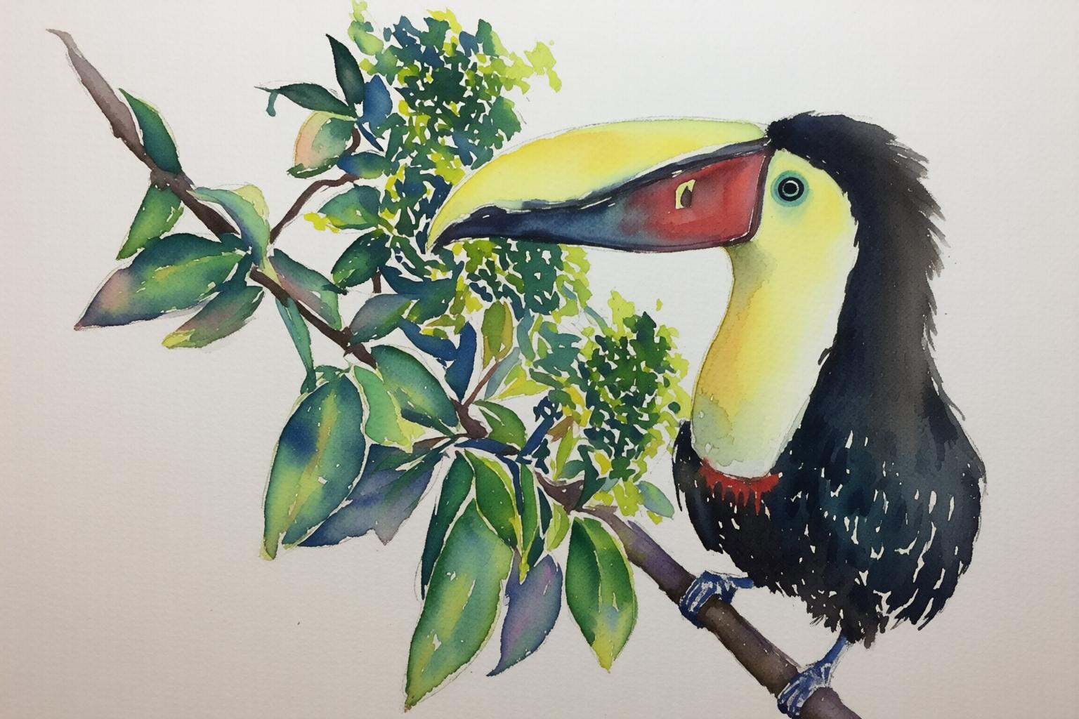 watercolorbasic2q watercolor painting.A toucan perched on a branch with its head turned to the left. on Tensor.Art