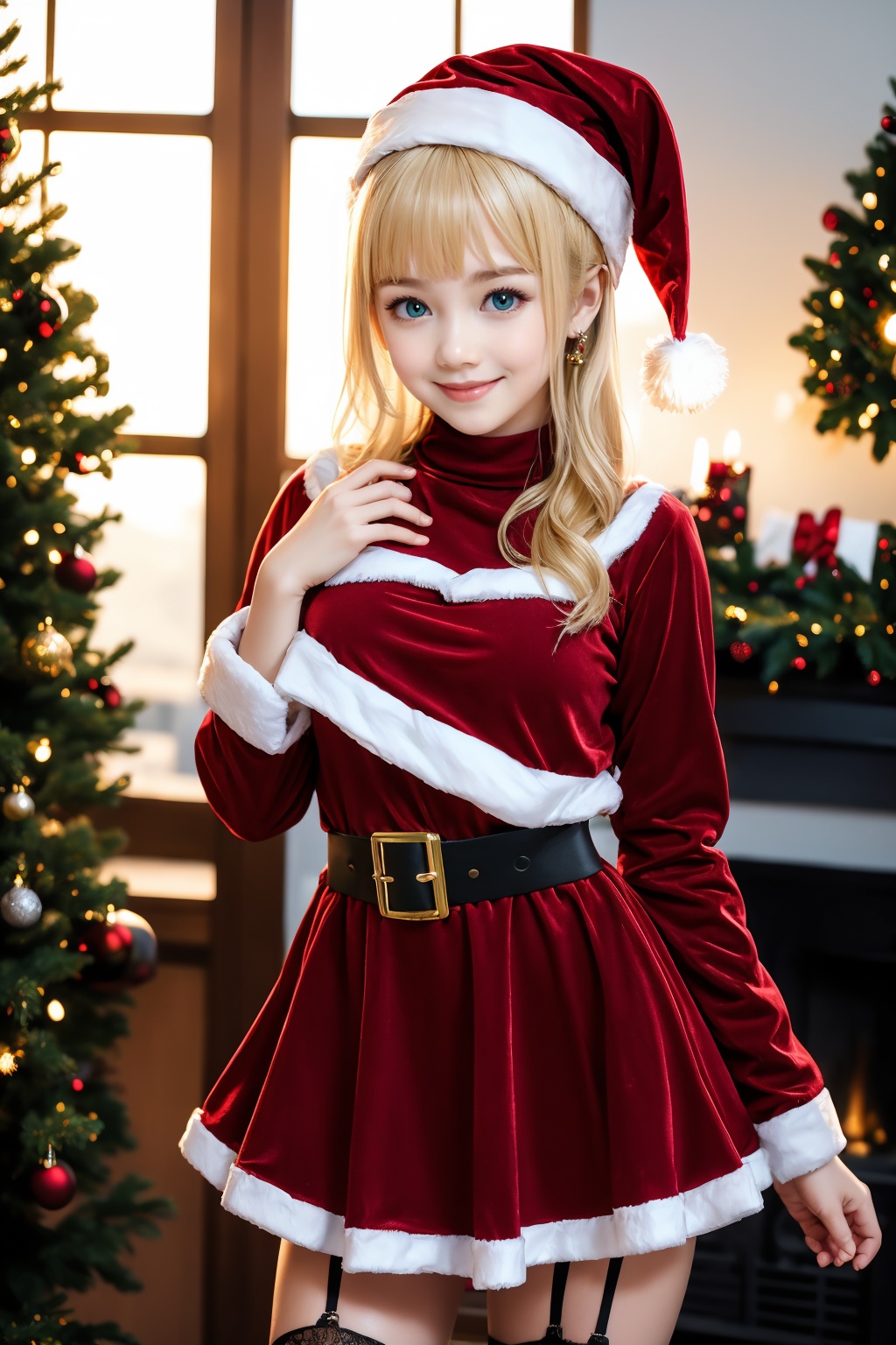 <lora:AgainChristmas_v1:1>, 1girl, solo, christmas tree, blonde hair, hat, belt, santa hat, christmas, dress, thighhighs, smile, looking at viewer, black belt, breasts, red dress, fur trim, black thighhighs, blush, garter straps, red headwear, window, blue eyes, cowboy shot, indoors, long sleeves, santa costume, closed mouth, medium breasts, medium hair, christmas ornaments, zettai ryouiki, hand up, santa dress, fur-trimmed dress, standing, buckle, jewelry, pom pom \(clothes\), fur-trimmed headwear, short dress, bell, belt buckle, green eyes, turtleneck, arm behind back