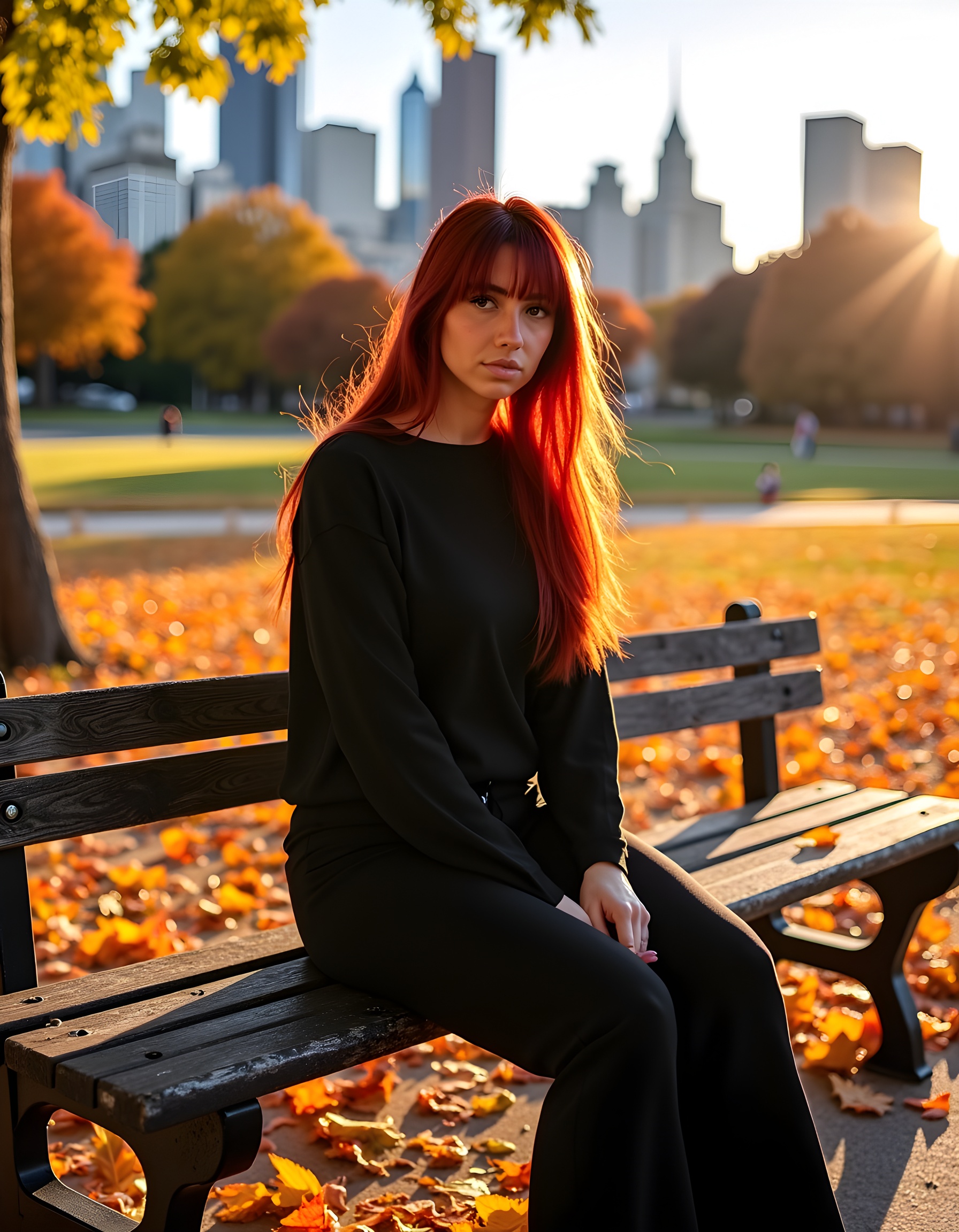 In a bustling urban park under the warm,  golden afternoon sun,  Parky _ a striking woman with fiery red hair cascading do...