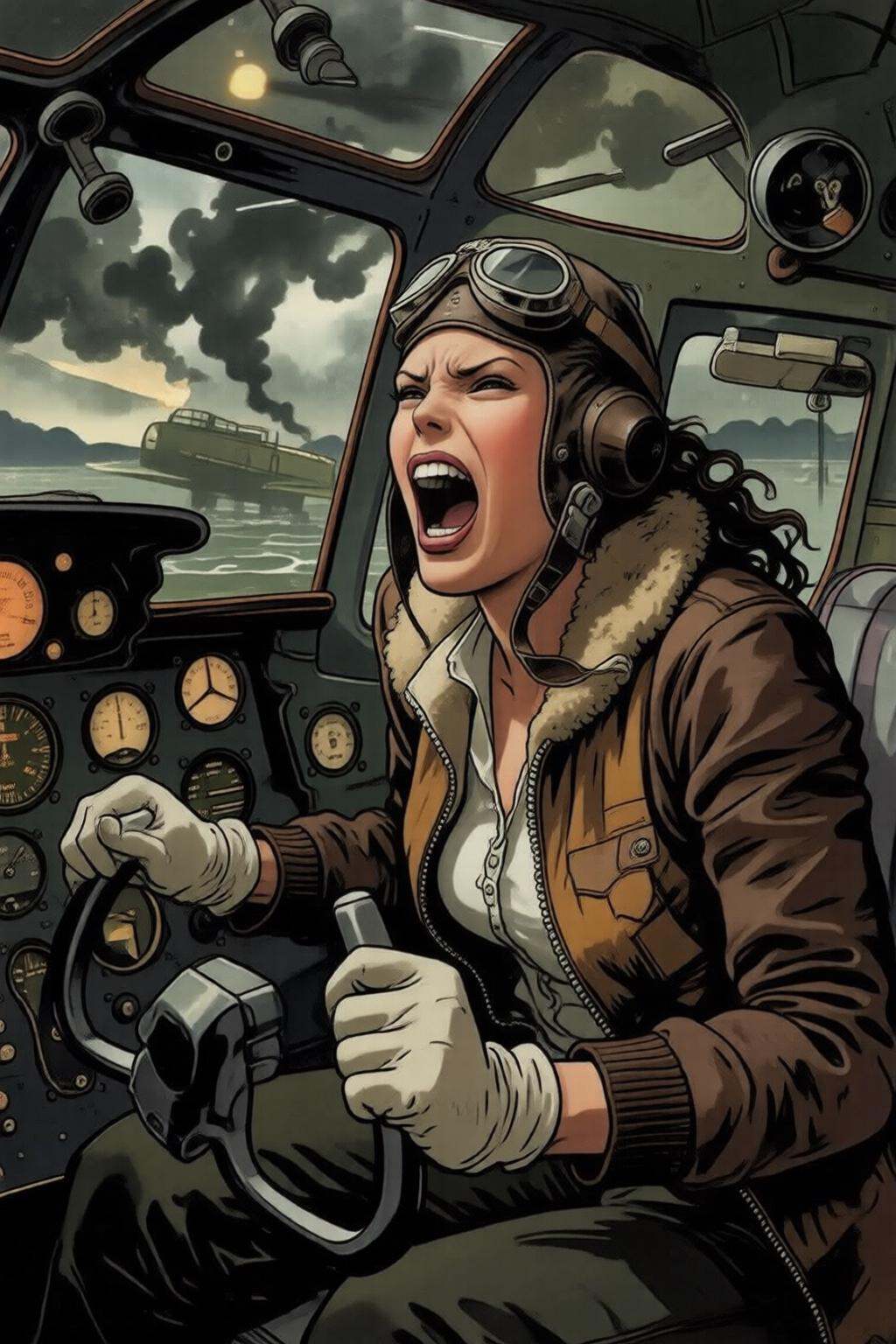 milomanara7q illustration. A female pilot screaming inside the cockpit of a WWII bomber. The pilot,  wearing a vintage lea...