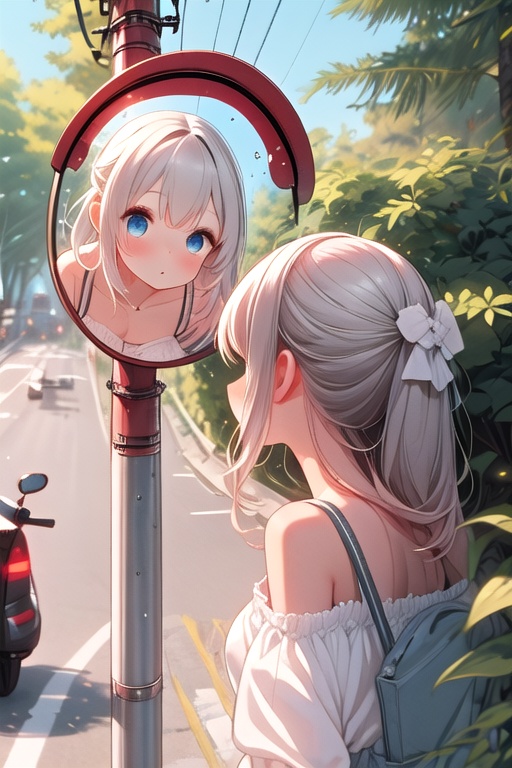 ((convex mirror on utility pole)),  ((2girls)),  looking at mirror on Tensor.Art
