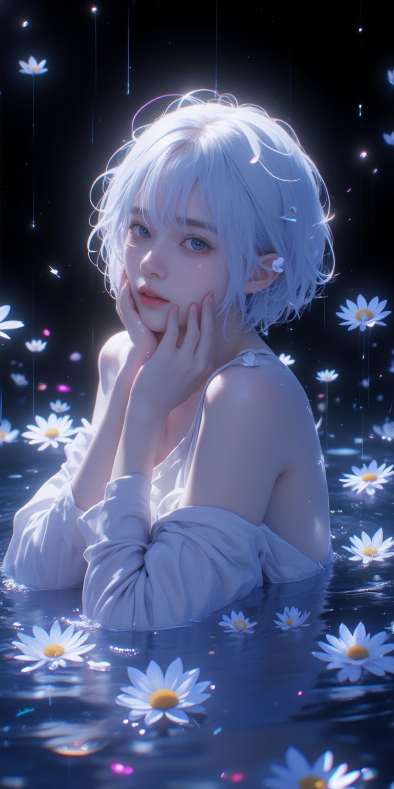 (masterpiece),(best quality),illustration,ultra detailed,hdr,Depth of field,(colorful),(chromatic aberration),(beautiful young female:1.4),(streaming tears),sad,(daisy),(daisy),(daisy),looking at viewer,partially submerged,both hands on own cheek,{see-through long shirt},{no bra},(white hair, short hair, bangs:1.2),(glowing eyes),ripples,dark water,black background,(prismatic),