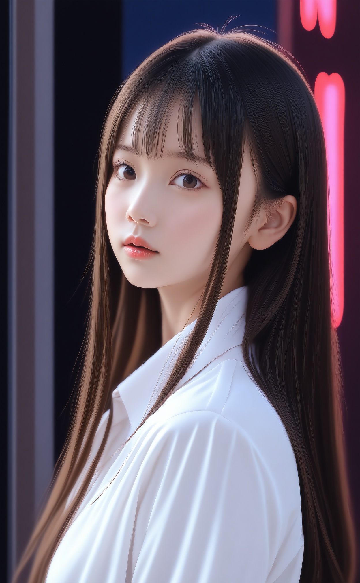 masterpiece, best quality, high quality, 1girl, shirt, looking at viewer, long hair, white shirt, collared shirt, solo, asian, black eyes, blurry, lips, realistic, nose, brown hair, blurry background, upper body, window, parted lips, bokeh, looking to the side, reflection, black hair, depth of field, from side, artist name, pink lips, brown eyes, red lips, closed mouth, wing collar, neon lights, watermark, expressionless, portrait, photorealistic, solo focus, sidelocks, from outside, city lights