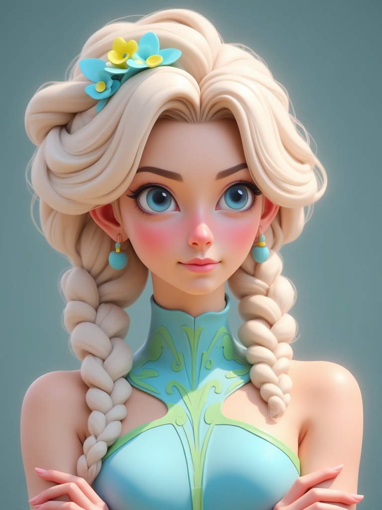 niji style,  a woman with long blonde hair. The woman's hair is braided in a braid. The hair is a light blue color with a...
