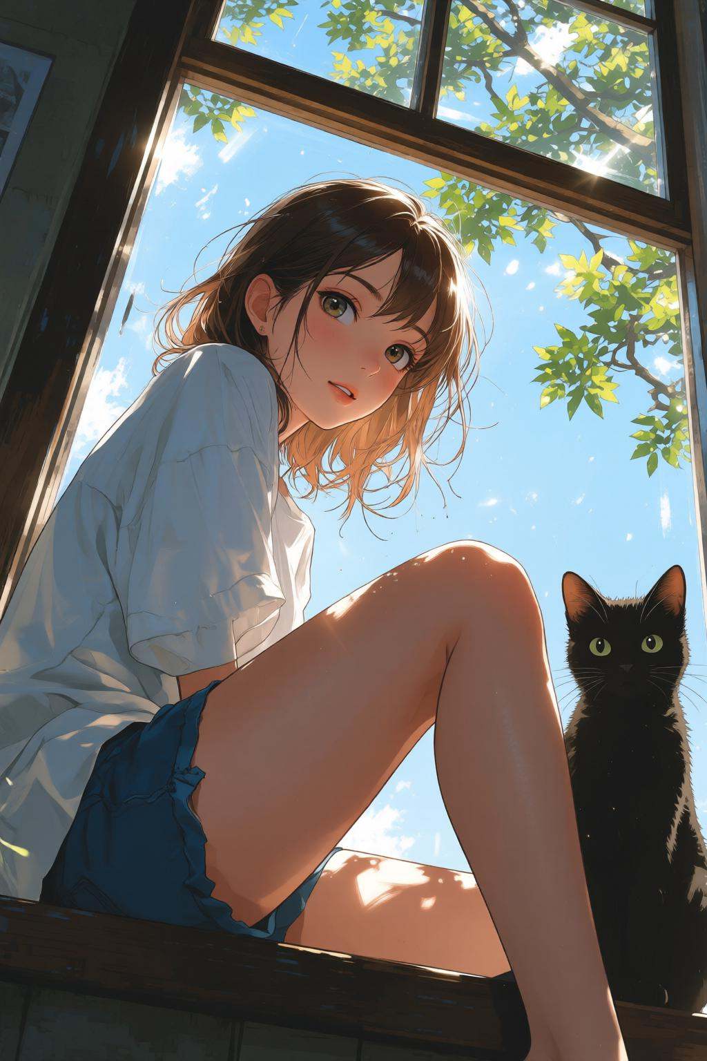 nijimix6q anime style illustration. Low-angle view of a young woman,  shown in side profile,  sitting by a window. She is...
