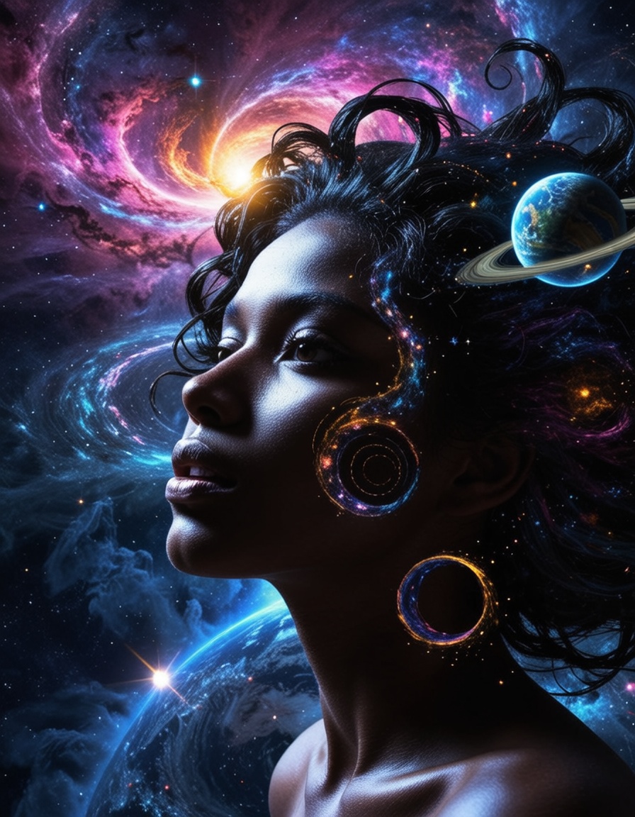 A silhouette of a beatiful woman head emerges against a deep navy blue CosmicStyle background,  intricately filled with vi...