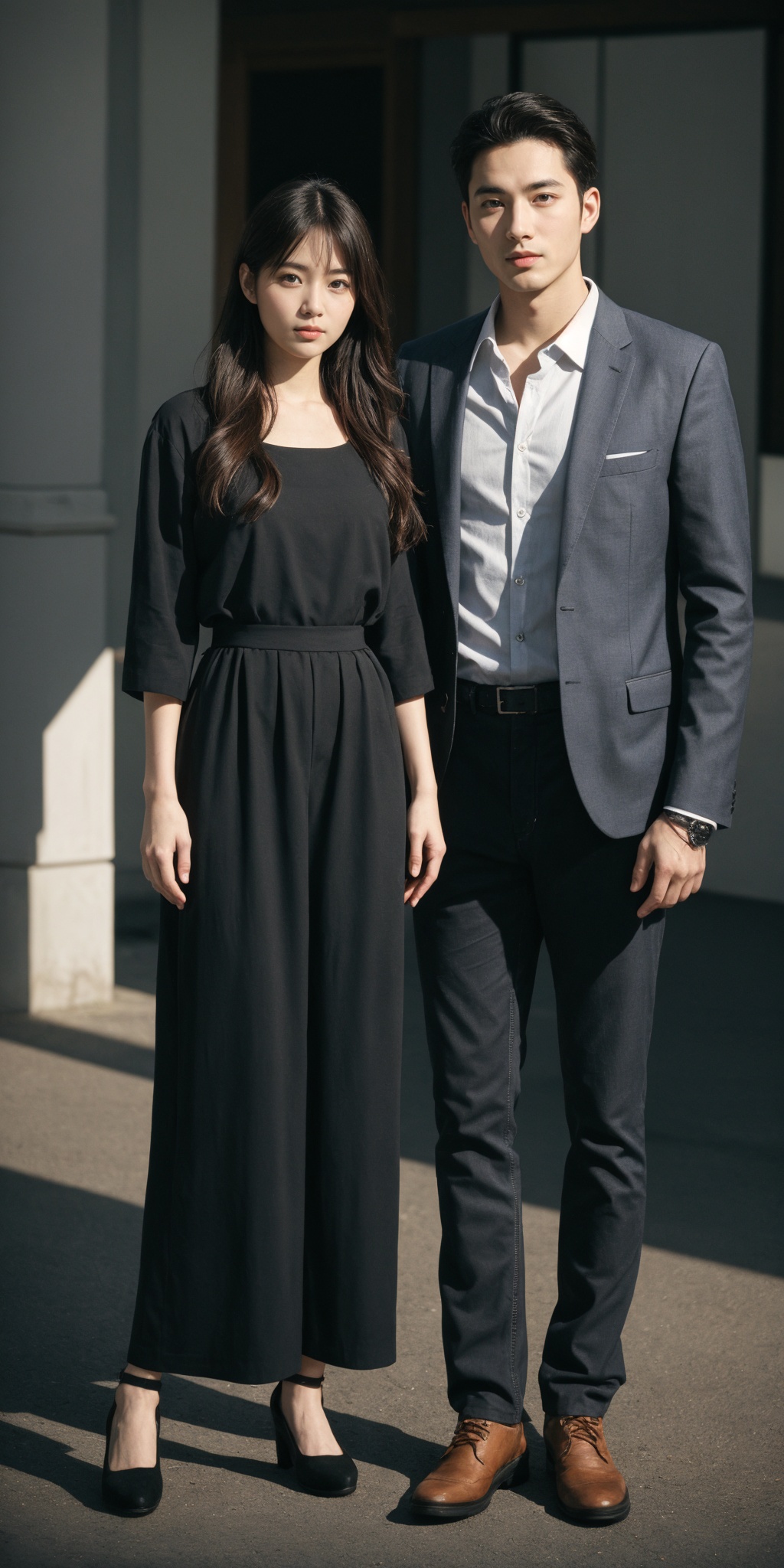 man and woman,full body,looking at viewer,realistic,simple background,