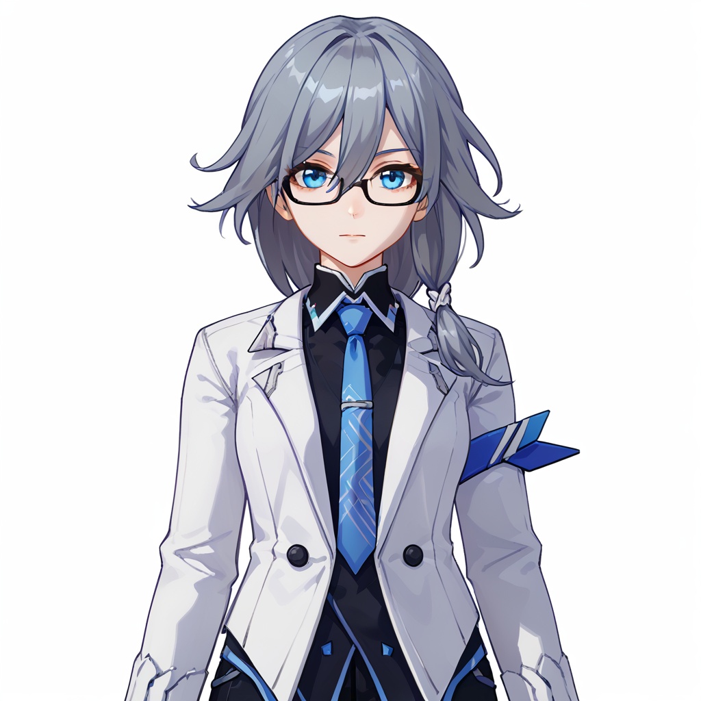 (white background:1.2),looking at viewer,(SOLO:1.4),outline,simple background,upper body, cowboy shot,looking at viewer,(((arms at side))),  fu hua, fu hua mordver, long hair, bangs, blue eyes, hair between eyes, grey hair, blue hair, hair ornament, low-tied long hair, glasses, white jacket, black shirt, blue necktie<lora:baiye-pony:0.8>