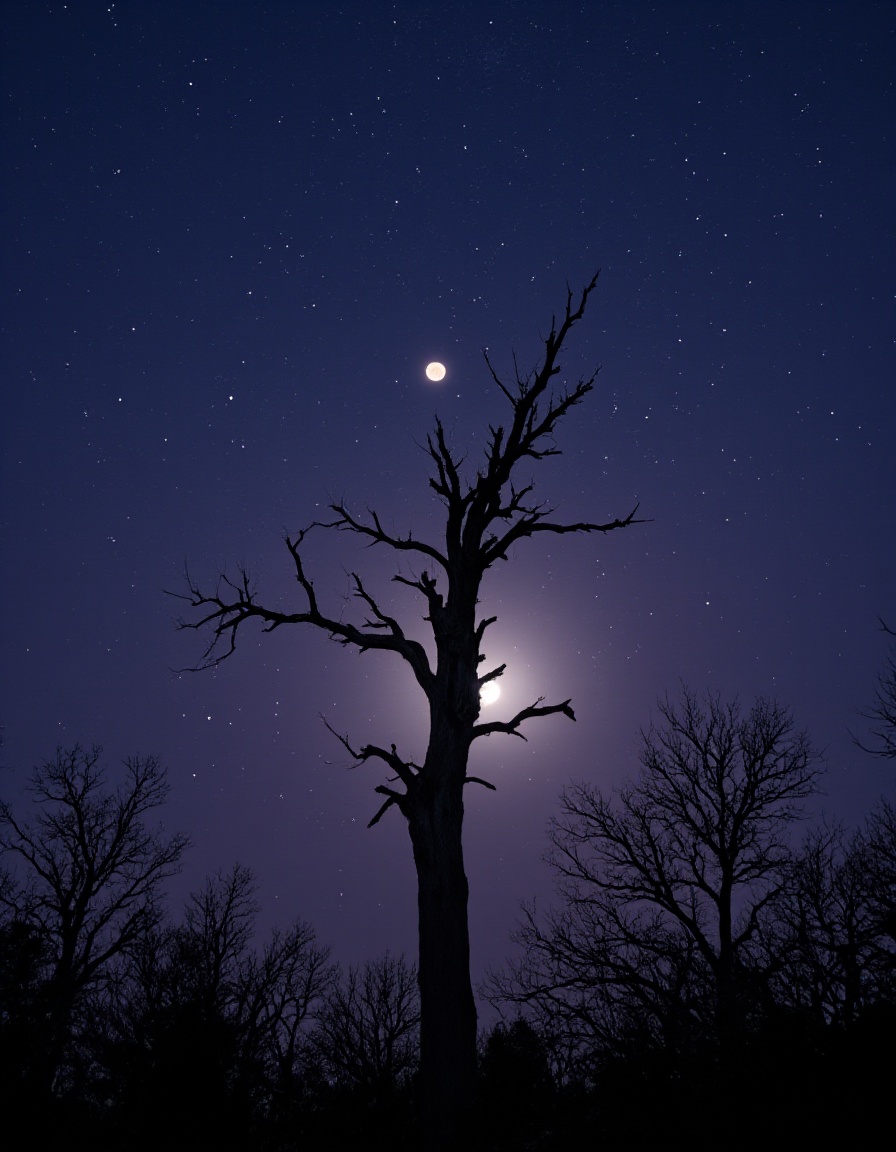 (score_9, realistic, score_8_up:1.3), score_7_up, raw, photo realistic,HD,8K,CNFatacySpace,outdoors,sky,tree,no humans,night,moon,star \(sky\),night sky,scenery,full moon,starry sky,bare tree,purple sky, <lora:FLUX.奇幻背发光CNGFantasyLight:1.1>