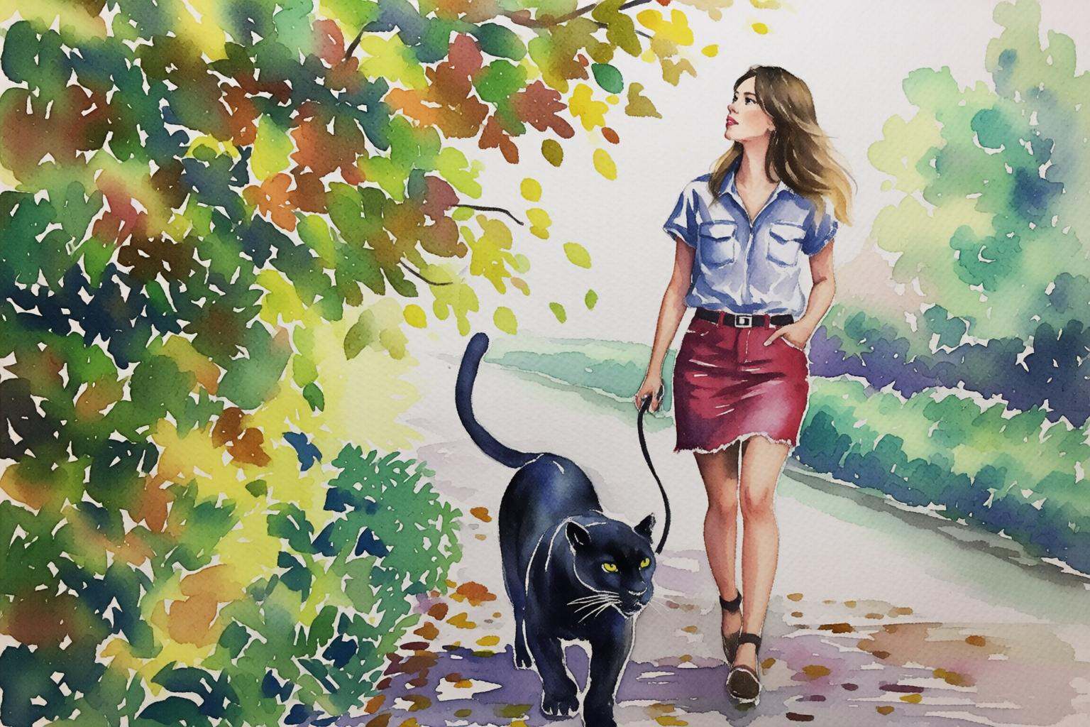 watercolorbasic2q watercolor painting.A woman,  wearing a short-sleeved shirt and red jean miniskirt,  walking a black pan...