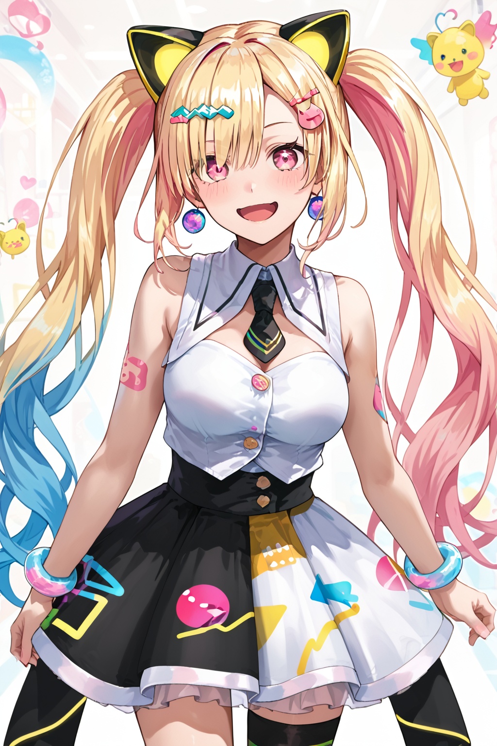 Nakamachi Arale,long hair, breasts,smile, open mouth, bangs,blonde hair, hair ornament, twintails, medium breasts, very long hair, blue hair,pink hair, :d, multicolored hair,hairclip, virtual youtuber,pink eyes,gradient hair,<lora:仲町あられ:0.8>