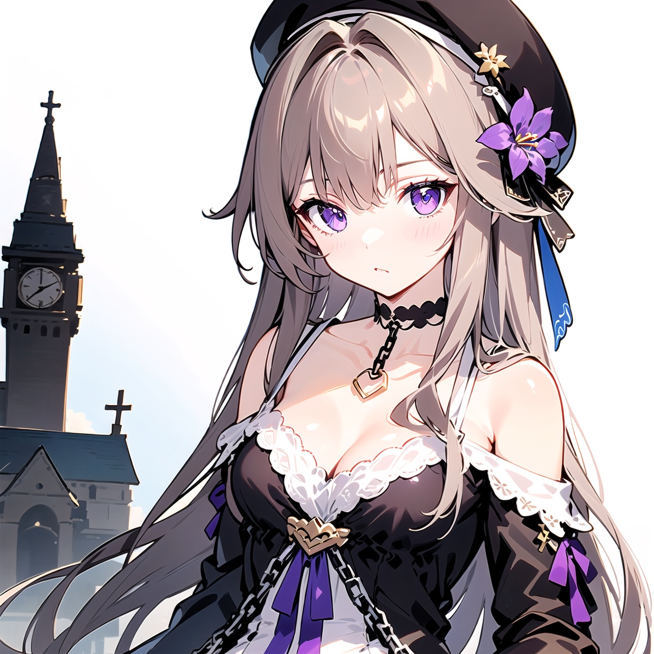 joints,doll joints,1girl,solo,beret,long hair,grey hair,hair ornament,hair flower,purple eyes,choker,bare shoulders,shoulder cutout,dress,long sleeves,ribbon,chain,church,tower,masterpiece, best quality,((ultra detailed)),beautiful illustration,beautiful detailed eyes, (wallpaper),close-up,Blank background,