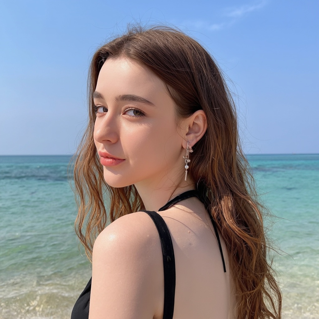 A portrait of dasha_taran on a beach,  captured in a side profile. She has long,  wavy on Tensor.Art