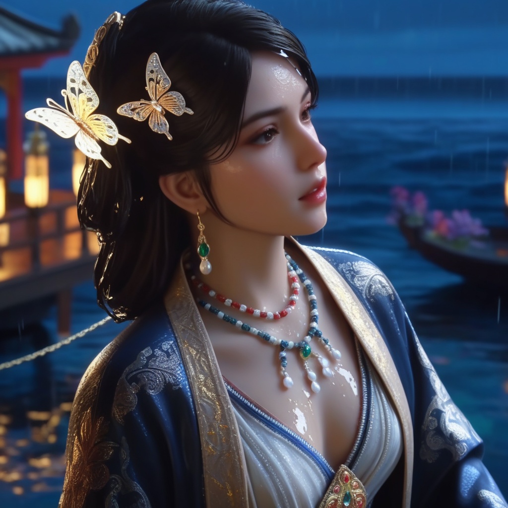 <lora:839-DA-XL-少年白马醉春风-温珞玉:0.6>, (,1girl, ,best quality, ),, ,ultra detailed 8k cg,   ,masterpiece((((1girl, solo,  , ,solo focus, wet,sweat, ocean,rain, water drop, )))) (, , sweatdrop, flying sweatdrops, sweating profusely,colorful drop \(module\), )   clean, masterpiece,     cinematic lighting, cinematic bloom,   , unreal, science fiction, luxury, jewelry, diamond, gold, pearl, gem, sapphire, ruby, emerald, intricate detail, delicate pattern, charming, alluring, seductive, erotic, enchanting, hair ornament, necklace, earrings, bracelet, armlet,halo,butterfly,