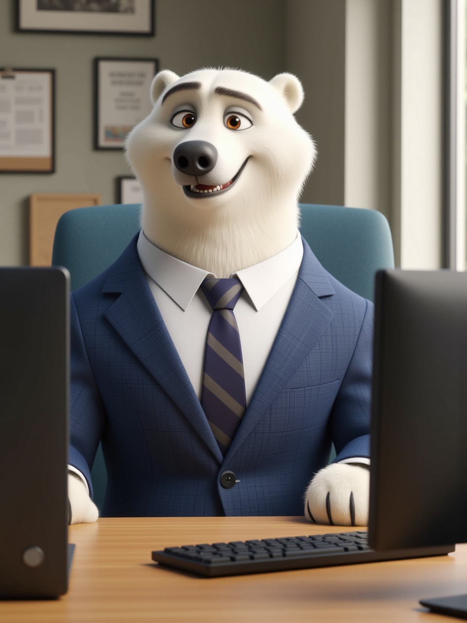 white bear male is wearing a professional dress in front of the computer in the office,