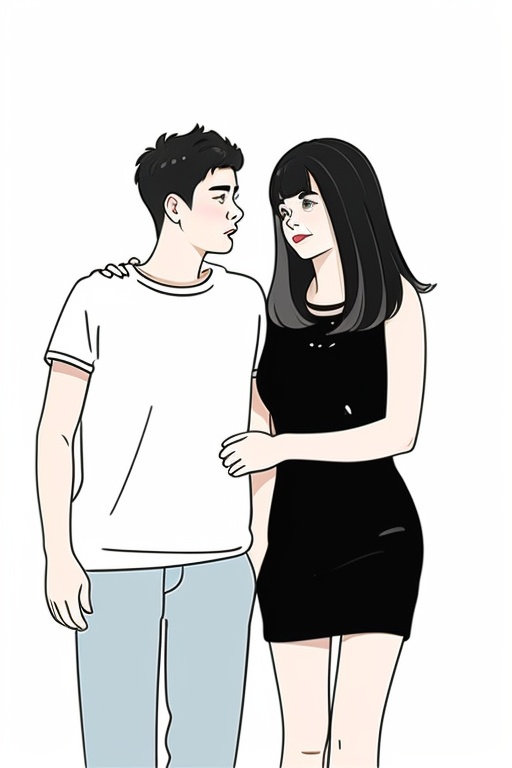 huahua,A man and a woman are making friends,Close,Black Hair,cartoons,etc.,with diffuse style,simple strokes,line sketches,light color rendering,flat painting,hand-painted cartoon style,(white_background),