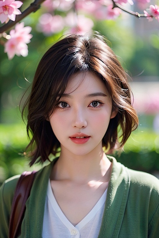 a young Asian woman,1girl,solo,long hair,realistic,lips,parted lips,upper body,blurry background,floating petals,jitome,cute,short hair,
