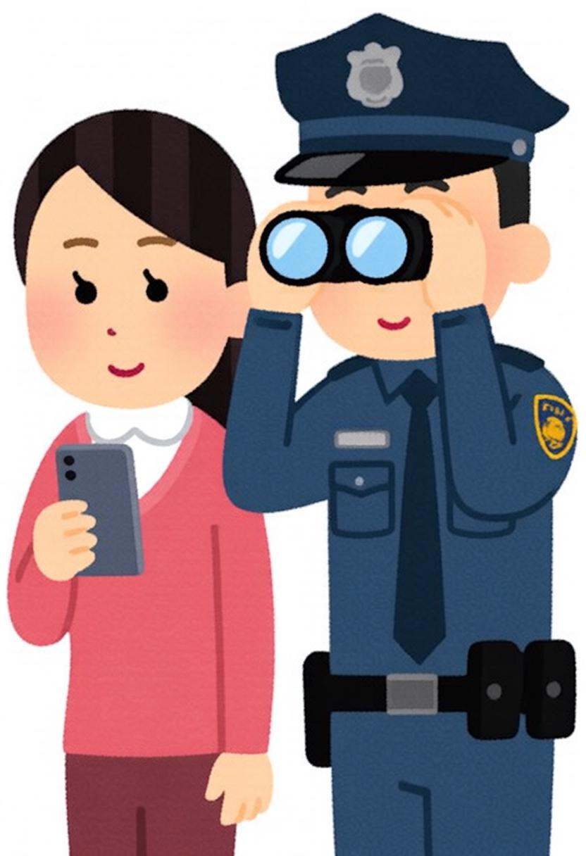irasutoya3q illustration.A police officer and a woman stand side by side. The woman,  on the left,  wears a pink sweater a...