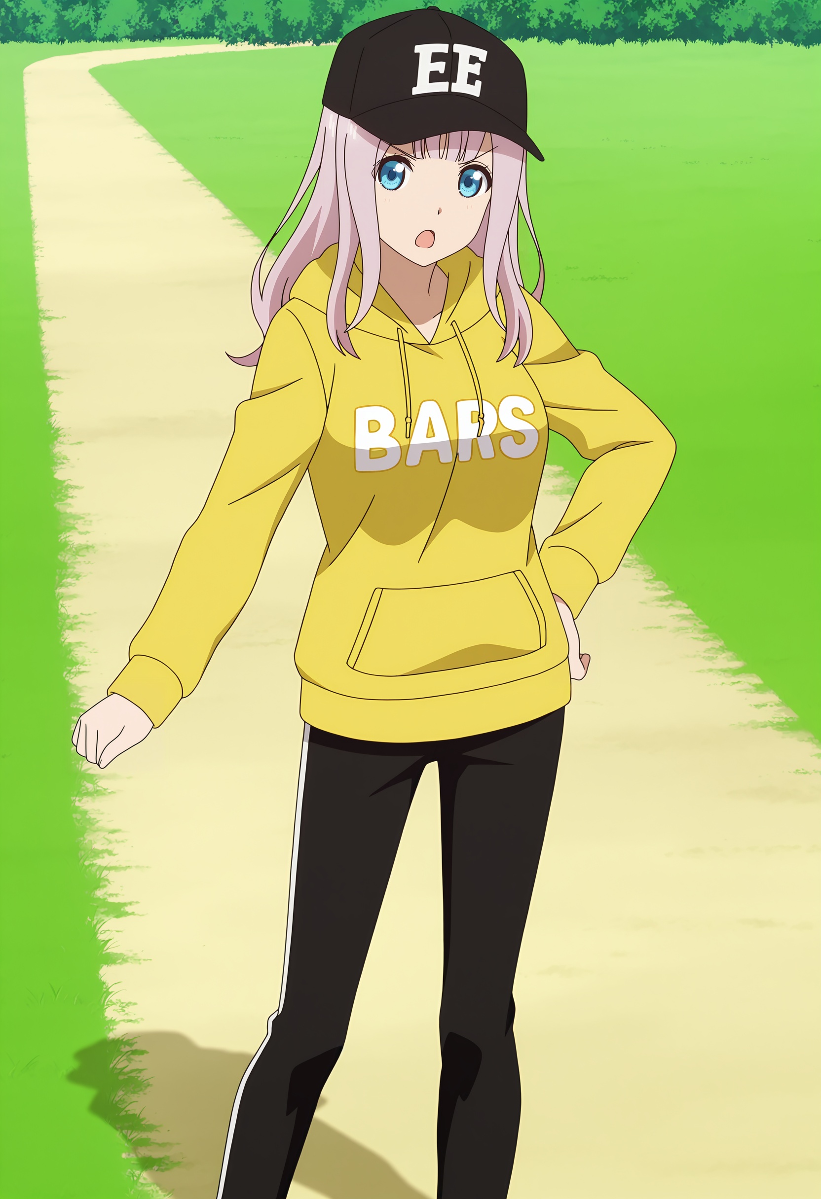 <lora:Chika FUJIWARA_illustrious-000012:1>,Chika FUJIWARA, baseball cap, hat, solo, hood, pants, hoodie, outdoors, yellow hoodie, looking at viewer, black pants, v-shaped eyebrows, open mouth, long sleeves, hood down, standing, grass, clothes writing, anime screencap