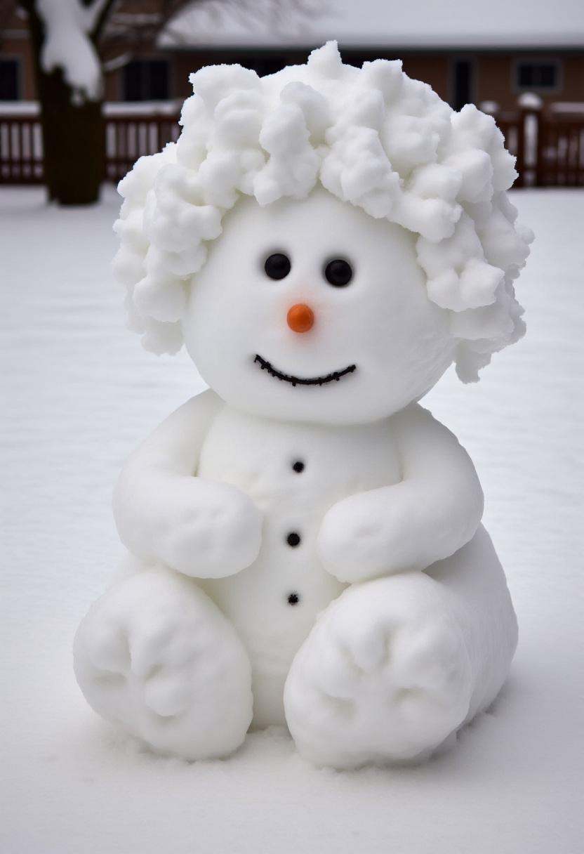Realistic photograph of a granny snow sculpture,  crafted entirely from snow. The snow sculpture's texture is uneven,  wit...