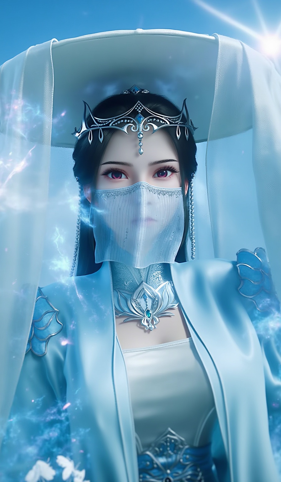 high detail,best quality,blue sky,(simple background:1.2),rim light,face the light,blight,shiny,(pale skin:1.3),day,white flower,branch,cloud,looking at viewer,large breasts,hands up, <lora:青禾-20:1> black hair, white face mask, covering her nose and mouth,blue gown with intricate silver trim and a high collar,White hat,