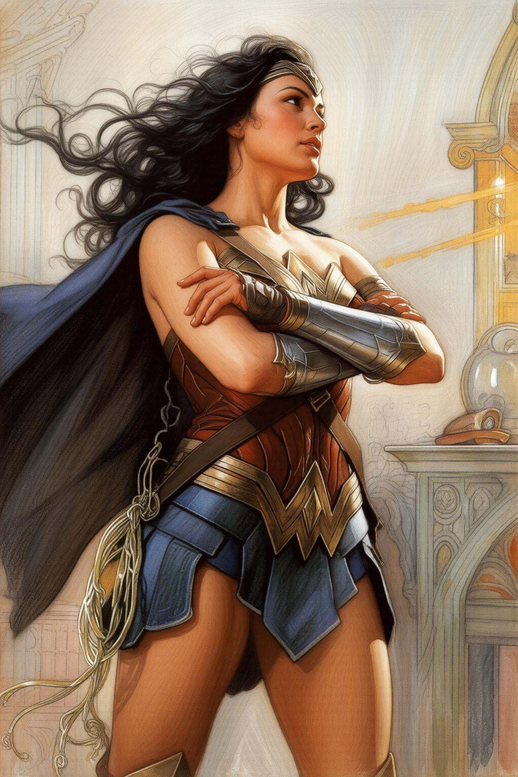 carllarsson2q painting.Wonder Woman standing in a dynamic pose with her arms crossed over her chest. The wind is blowing h...