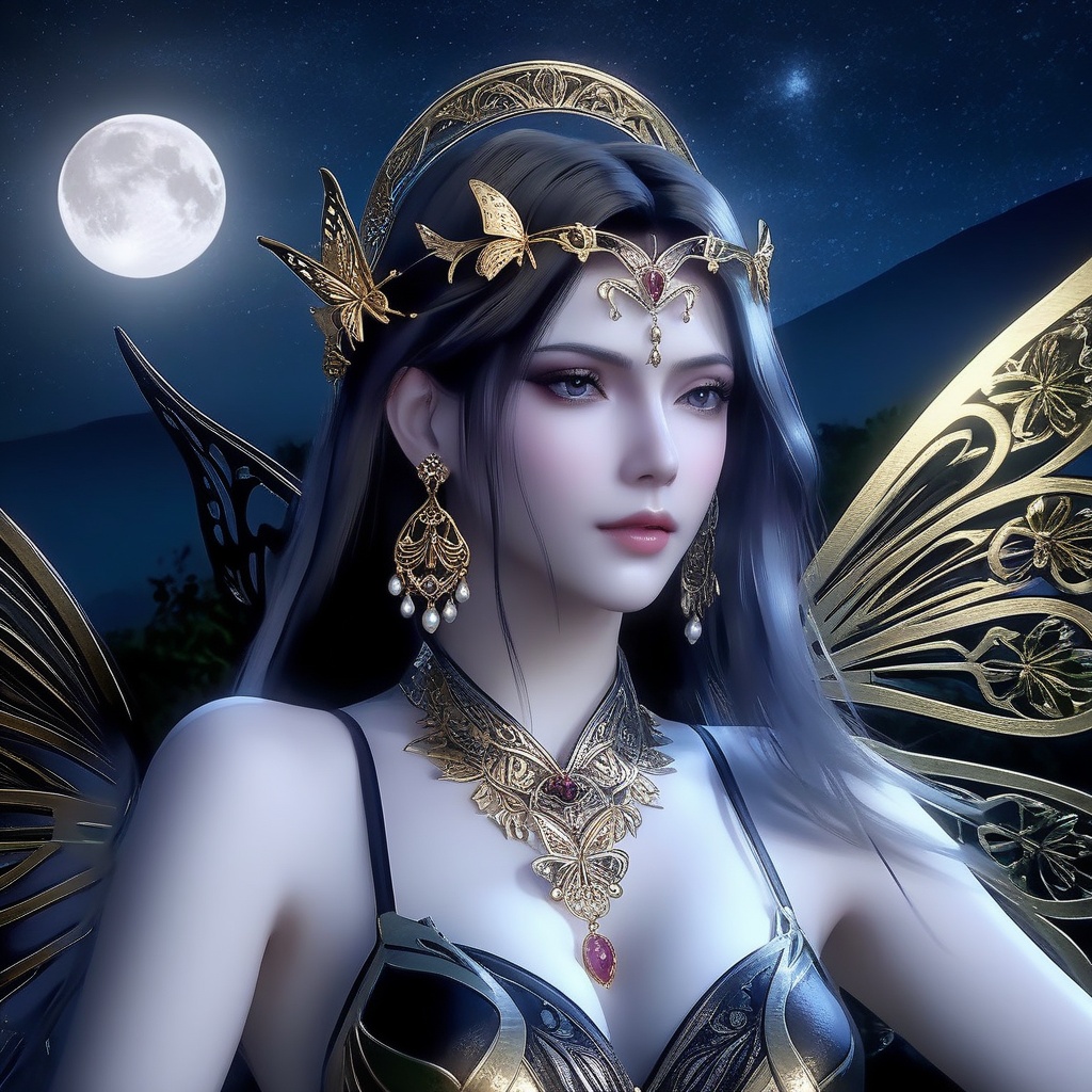 <lora:841-DA-XL-武庚纪-不闻不问:0.8>, (,1girl, ,best quality, ),,masterpiece(,1girl,night, starry sky, milky way,outdoors, full moon,  night sky, darkness,  world of darkness, , ) ,ultra realistic 8k cg,   clean, masterpiece,     (( , )),, , , prestige, luxury, jewelry, diamond, gold, pearl, gem, sapphire, ruby, emerald, intricate detail, delicate pattern, charming, alluring, seductive, erotic, enchanting, hair ornament, necklace, earrings, bracelet, armlet,halo((, )), (), butterfly,