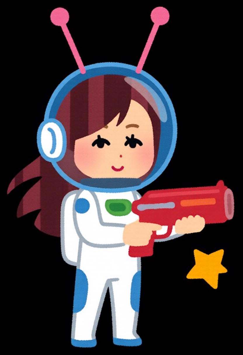 irasutoya3q illustration. A character is dressed in a white and blue space-themed outfit. They have long,  flowing red hai...