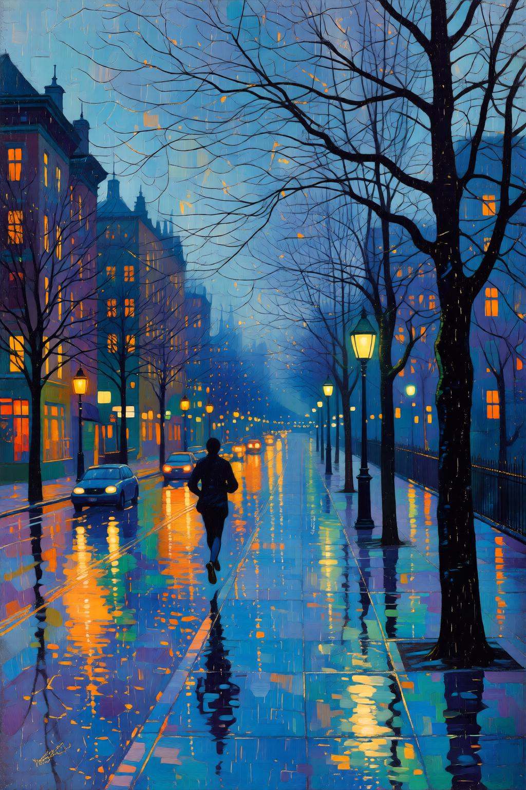 kaoruyamada2q painting. A serene urban scene at night,  with a wet street reflecting the city lights. Tall buildings line...