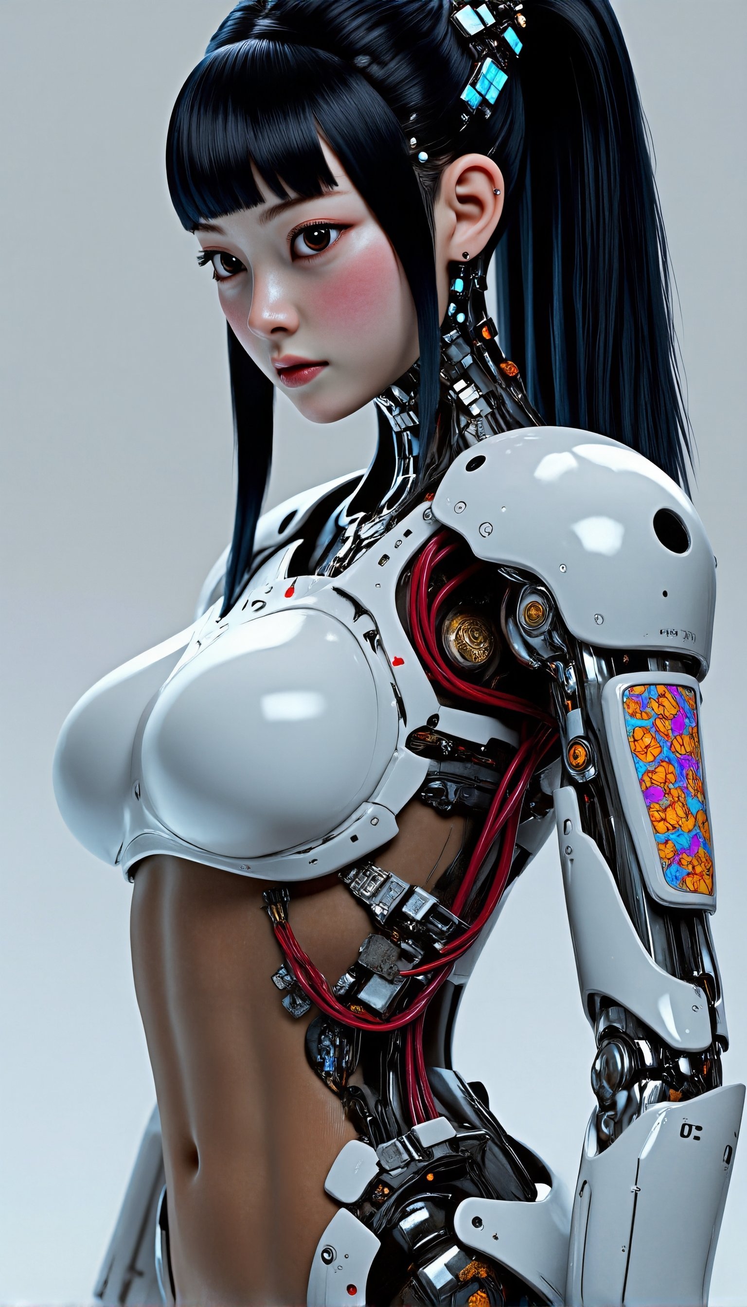 Hyper-realistic close-up of a futuristic cybernetic woman with long sleek black hair and straight bangs,  intricate mechan...