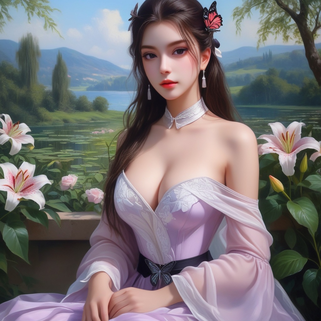 <lora:832-DA-XL-少年白马醉春风-晏琉璃-白衣:0.8>, (,1girl, ,best quality, ),,  ,ultra detailed 8k cg,ultra realistic 8k cg,1girl, solo,(bare shoulders:0.85),(masterpiece, best quality),((oil painting style)),sexy young lady,(beautiful face and eyes),(upper body:1.5),(whole body:1.05),(single person:1.2),surrounded by flowers, (lily), roses, floret, vegetation, white, purple, purplish pink,Impressionism,colorful,(Breast size:1.3),(cleavage),, butterfly,(sit),