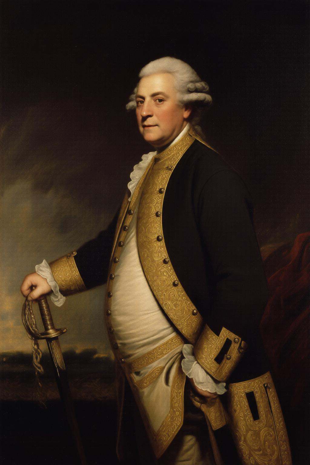 joshuareynolds2q painting.An elderly man in 18th-century attire is shown in side profile. He stands in a commanding pose,...