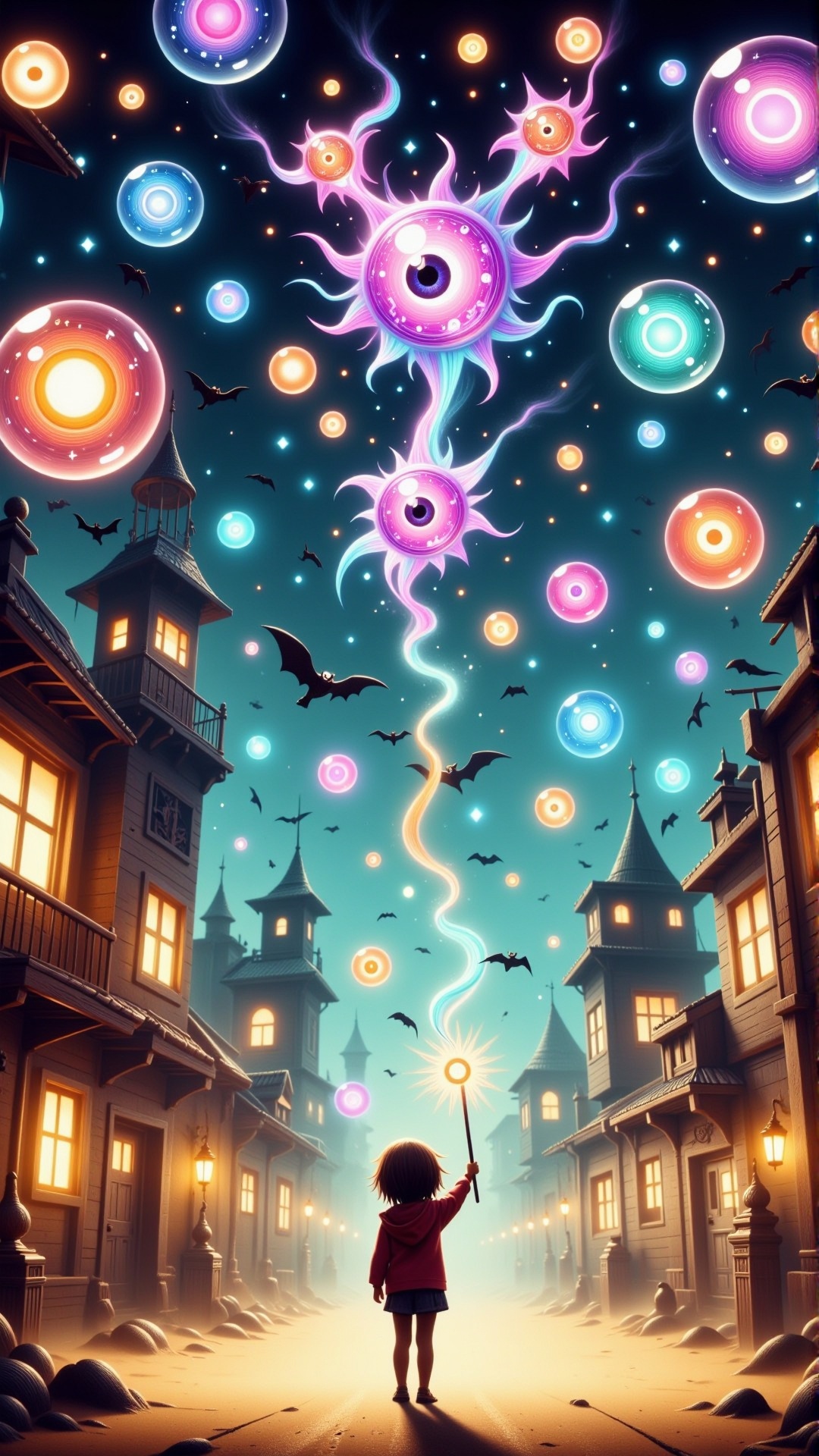 HalloweenGlowStyle orange themed A young child with a bubble wand,  creating a universe filled with vibrant,  colorful soa...