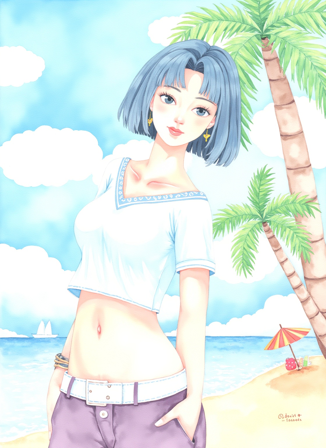 CGArt illustrator,girl,solo,earrings,jewelry,blue eyes,outdoors,navel,wristband,sky,shirt,looking at viewer,crop top,blue hair,pants,breasts,stbejing,tree,outdoors,palm tree,beach,sky,beach umbrella,cloud,ocean,scenery,blue sky,water,boat,island,summer,