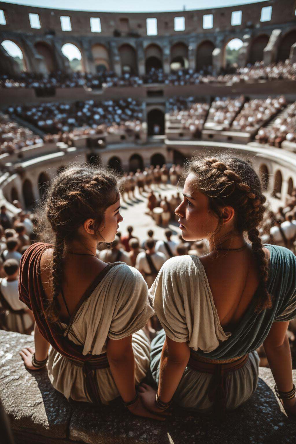 midjourneyhighangle13q High angle view. Two women in the foreground,  dressed in historical ancient Roman attire. Their ha...