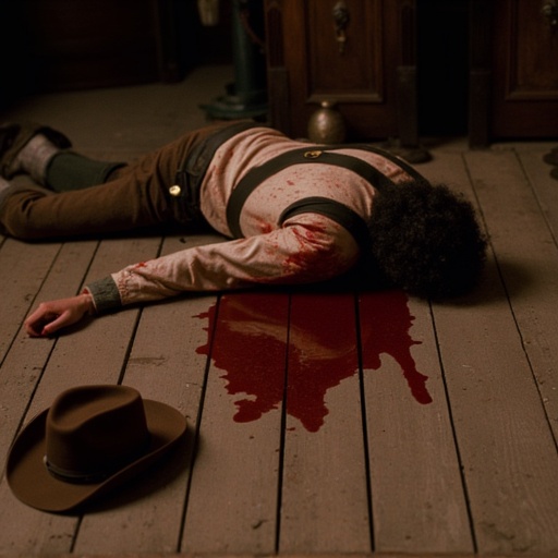 An overhead shot of a cowboy lying face down on his stomach in a saloon in the old West,  his clothing is stained with blo...
