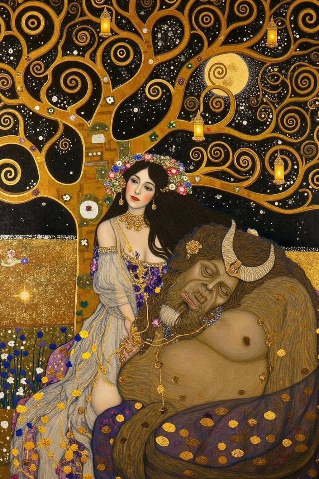 kl1mt painting. a scene from Arabian Nights,  rendered in intricate,  colorful detail. A beautiful woman and a sleeping de...