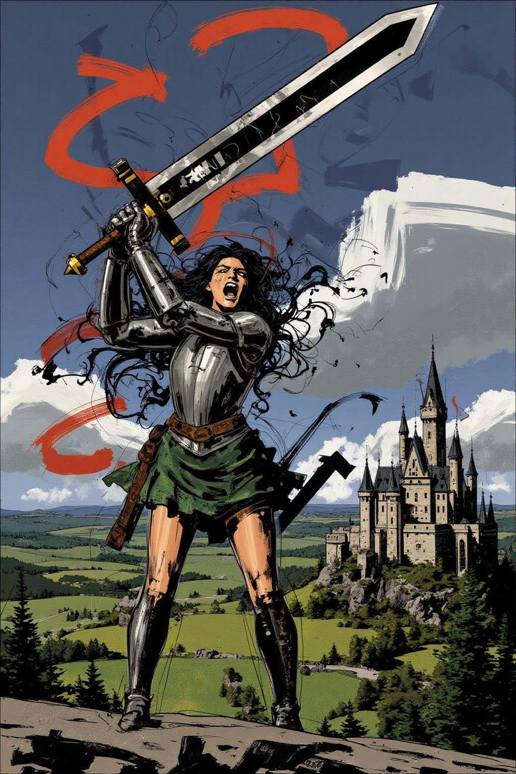 poster illustration.Young woman in medieval metal armor,  lifting a giant sword toward the sky. She is shouting angrily. T...