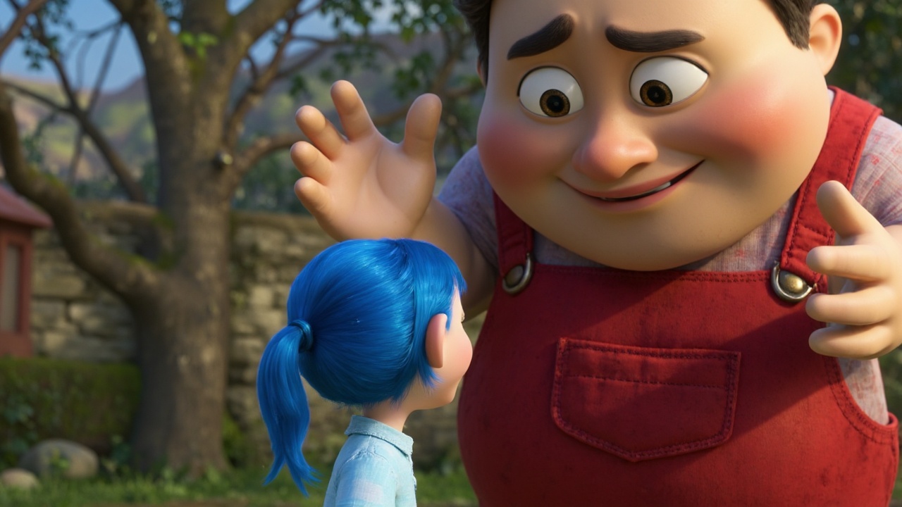 A CGI scene depicting a large,  friendly figure in red overalls and a smaller,  holographic companion with vibrant blue ha...