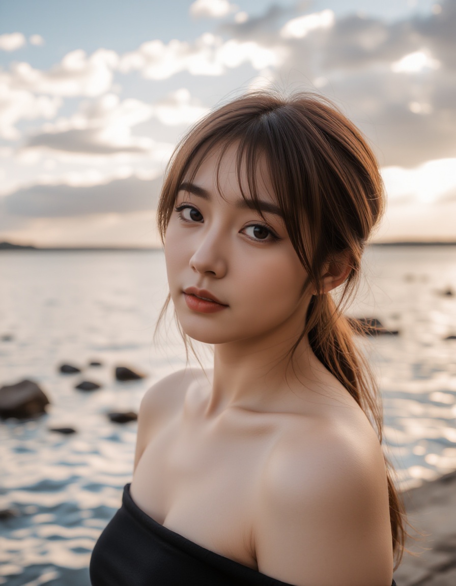 A young asian woman with fair skin and a slender physique stands by the edge of a body of water,  possibly a lake or sea,...
