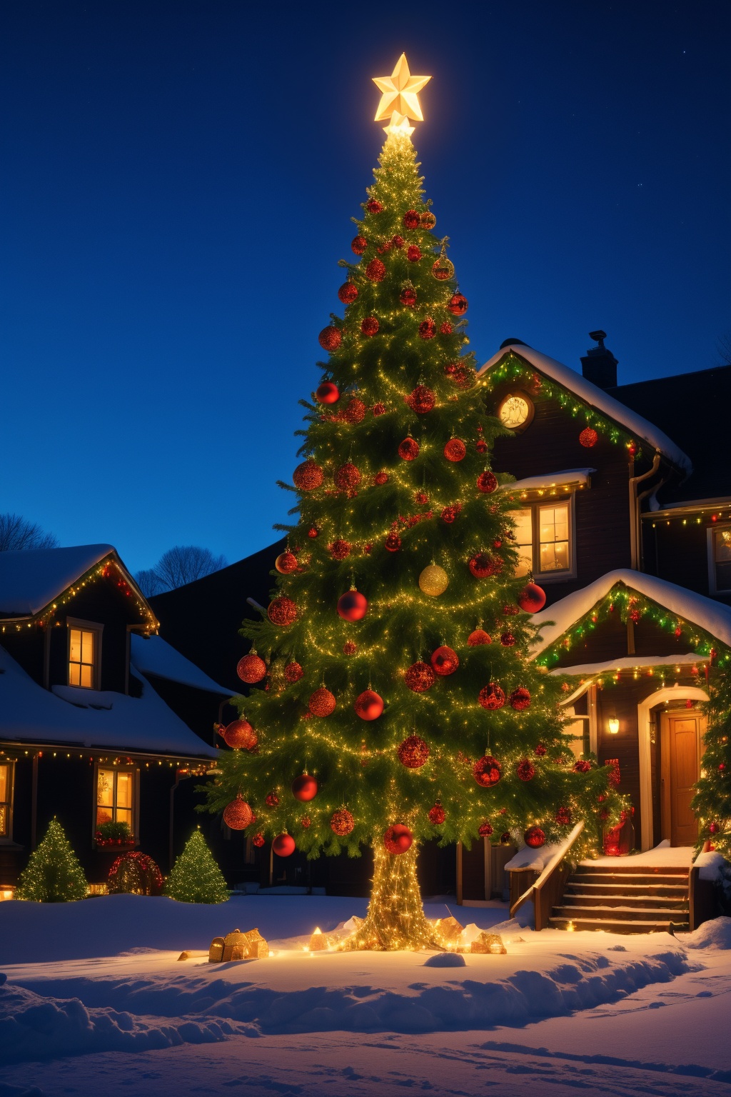 <lora:AgainChristmas_v1:0.6>, christmas tree, chimney, house, christmas, christmas lights, night, hat, snow, star \(sky\), sky
