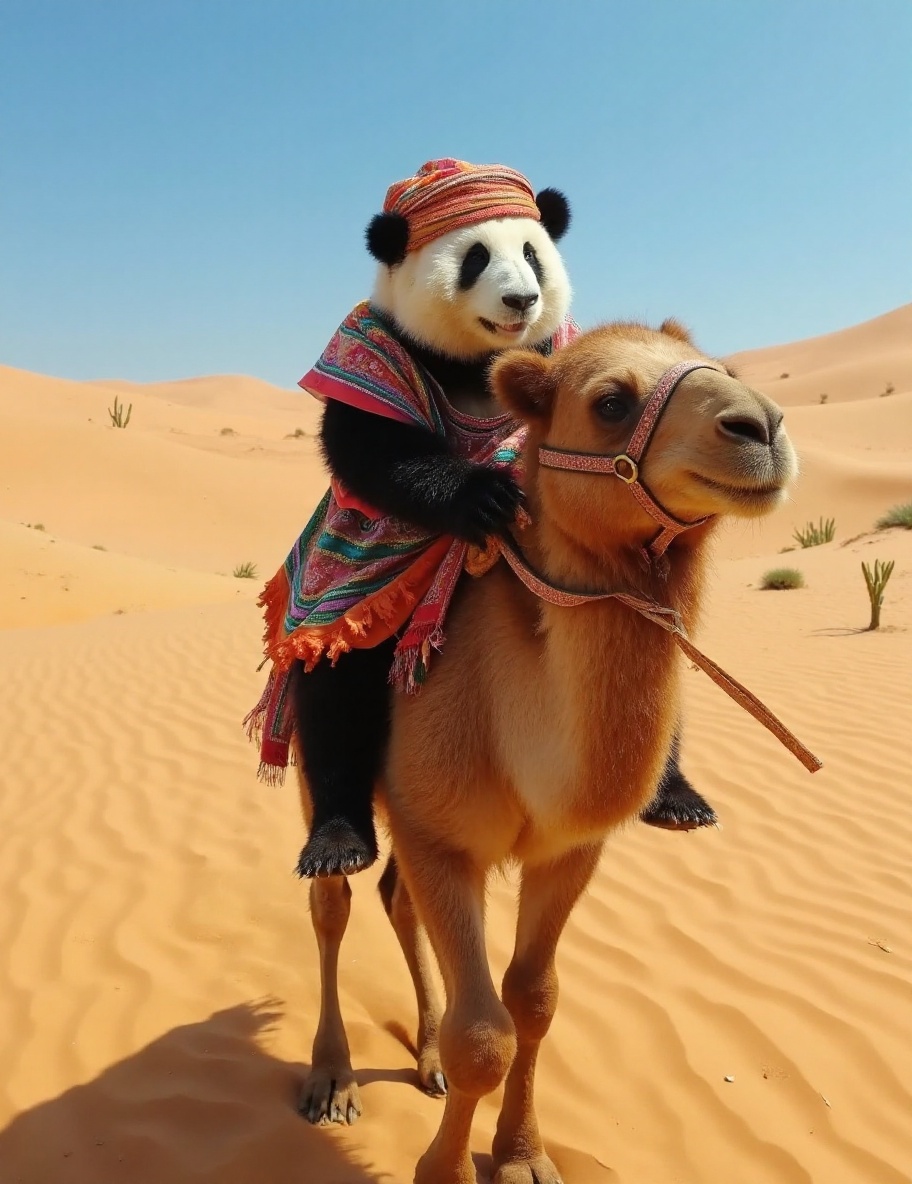 This high-resolution photograph captures a **** panda named Huahua,  depicted riding a camel through a vast,  sandy desert...