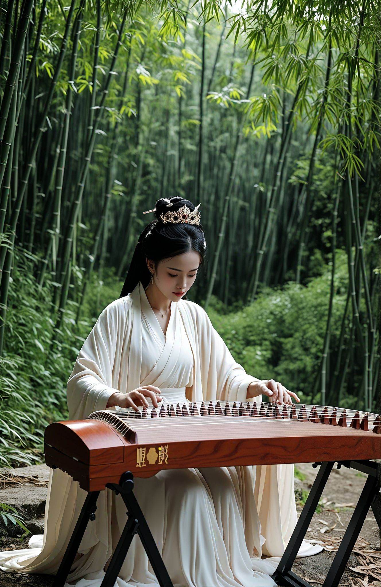 score_9,score_8_up,score_7_up,score_6_up,score_5_up,In a serene grove, a figure draped in traditional attire delicately strums a Chinese zither. The ancient strings resonate amidst the verdant bamboo, casting an ethereal melody that weaves through the foliage. A harmony of nature and culture, captured in tranquil repose.