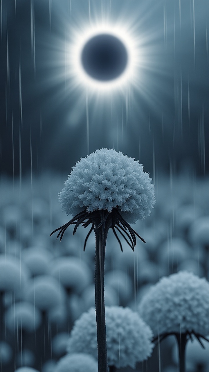 A Dimensional Raining full body shot with a snow-covered [scallions:Petunia:1] in the foreground and the surrounding Solar...
